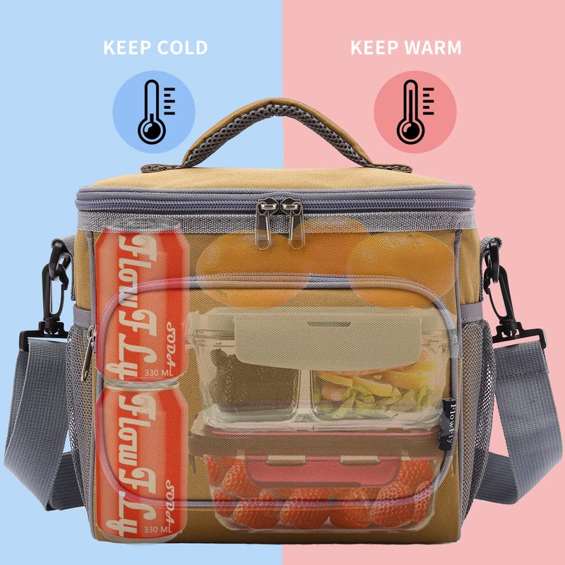 FlowFly Insulated Reusable Lunch Bag Adult Large Lunch Box for Women and Men with Adjustable Shoulder Strap,Front Zipper Pocket and Dual Large Mesh Side Pockets,Brown - Image 2
